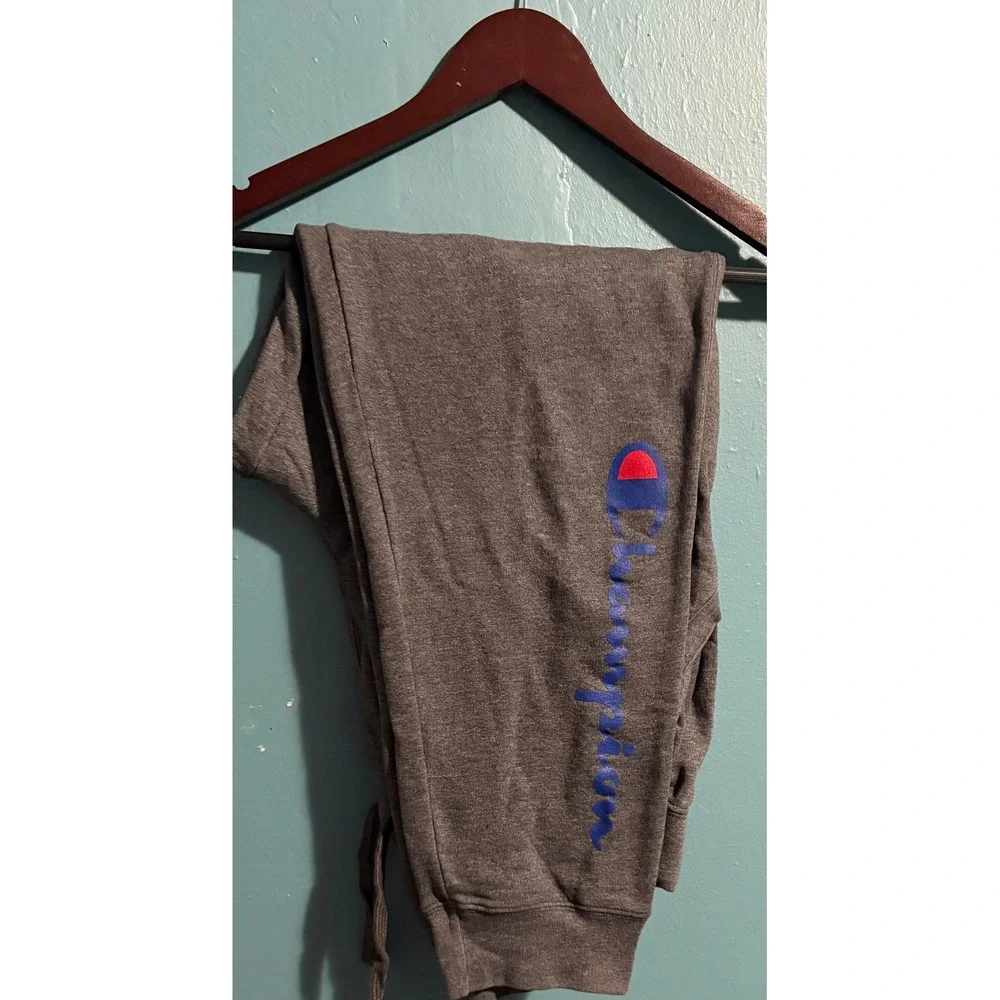 Champion Mens Jogger Sweatpants Heather Charcoal Grey Script Logo Size Large